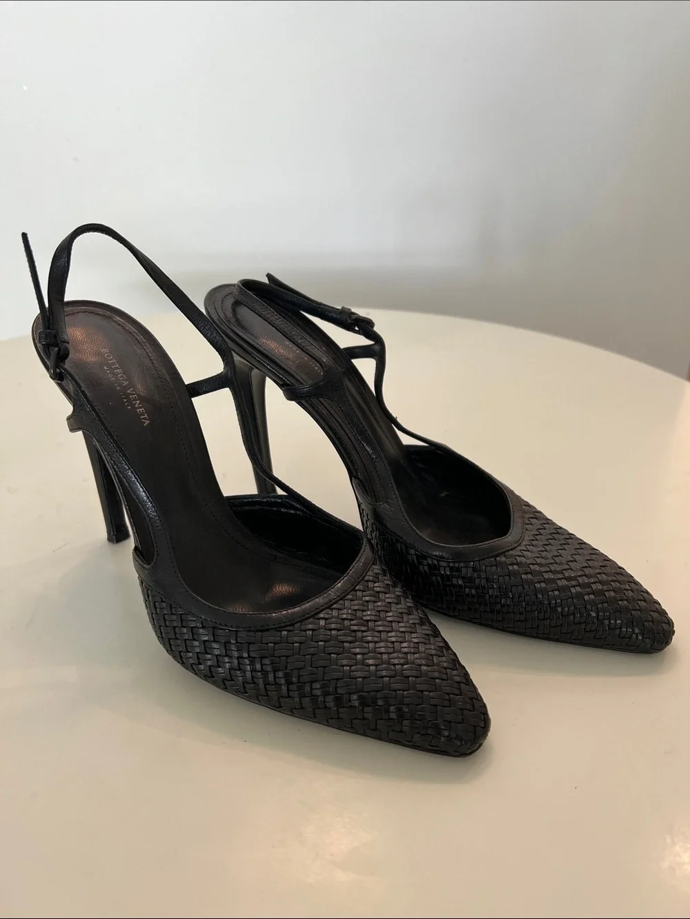 Bottega Veneta Black Woven Leather Slingback Heels